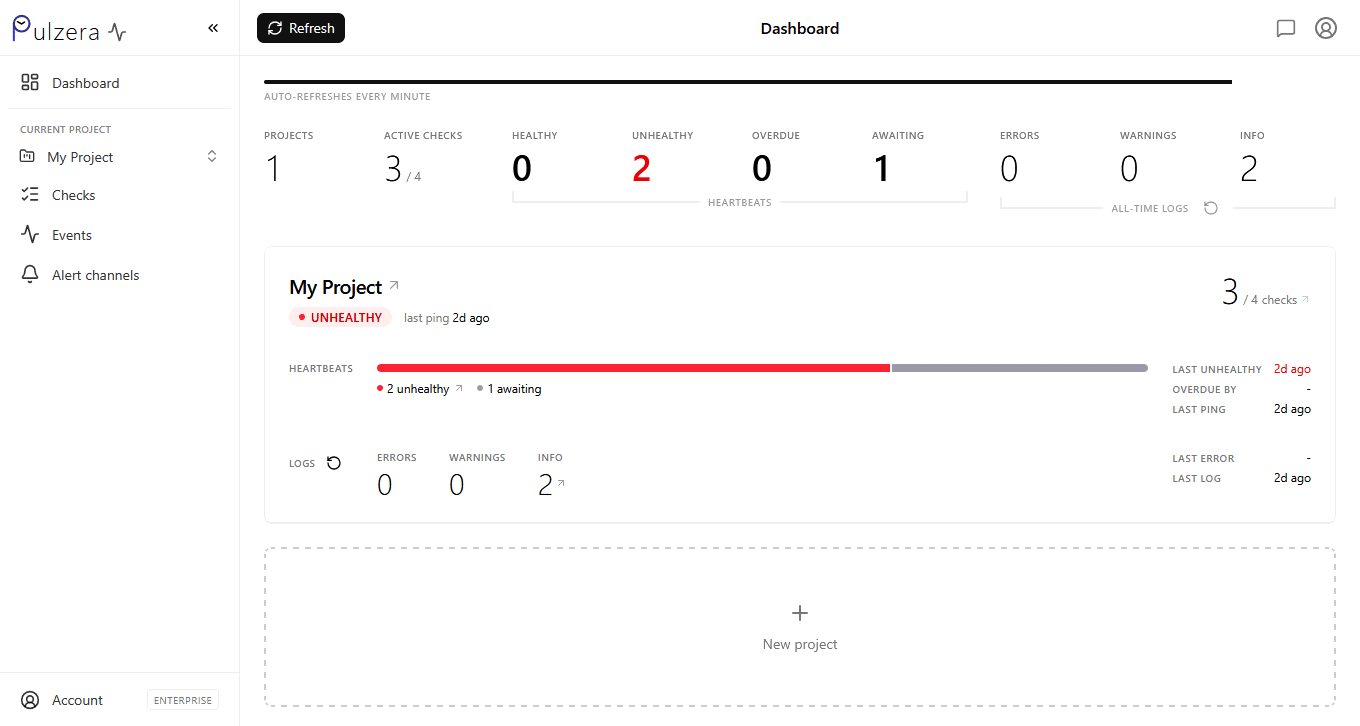 The Pulzera dashboard: a list of checks with their current status, schedule, last ping time, and recent history.